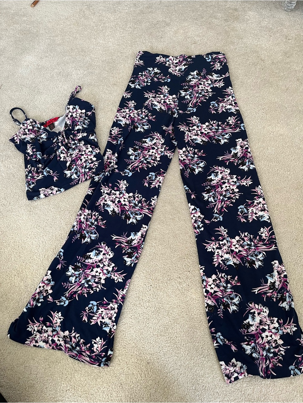 Floral Navy Two-Piece Set - halter & Wide Leg Pants PJ set